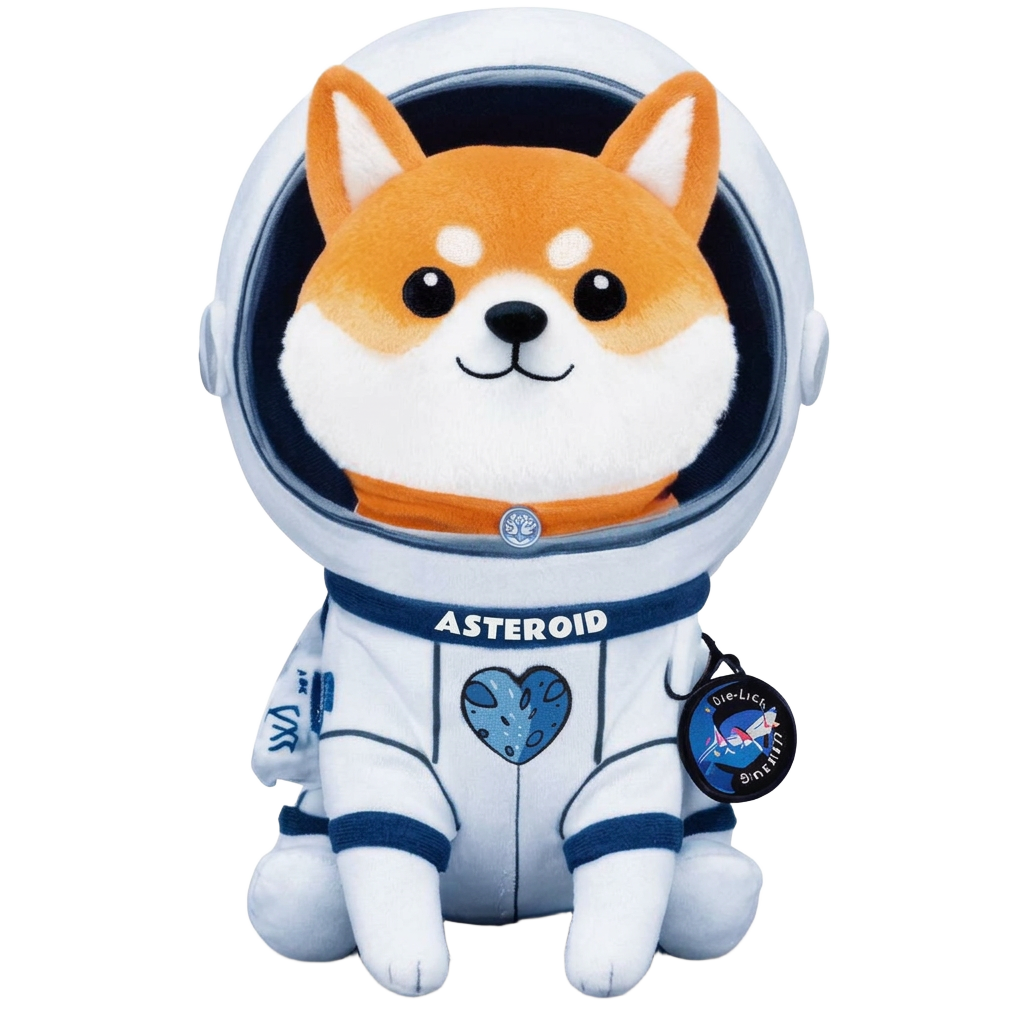 Asteroid, the plush Shiba Inu in a white spacesuit