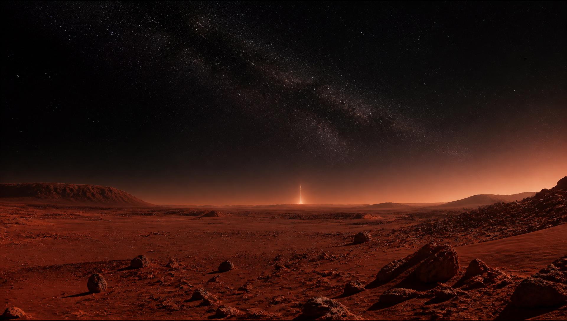 Martian plain at dusk under a field of stars